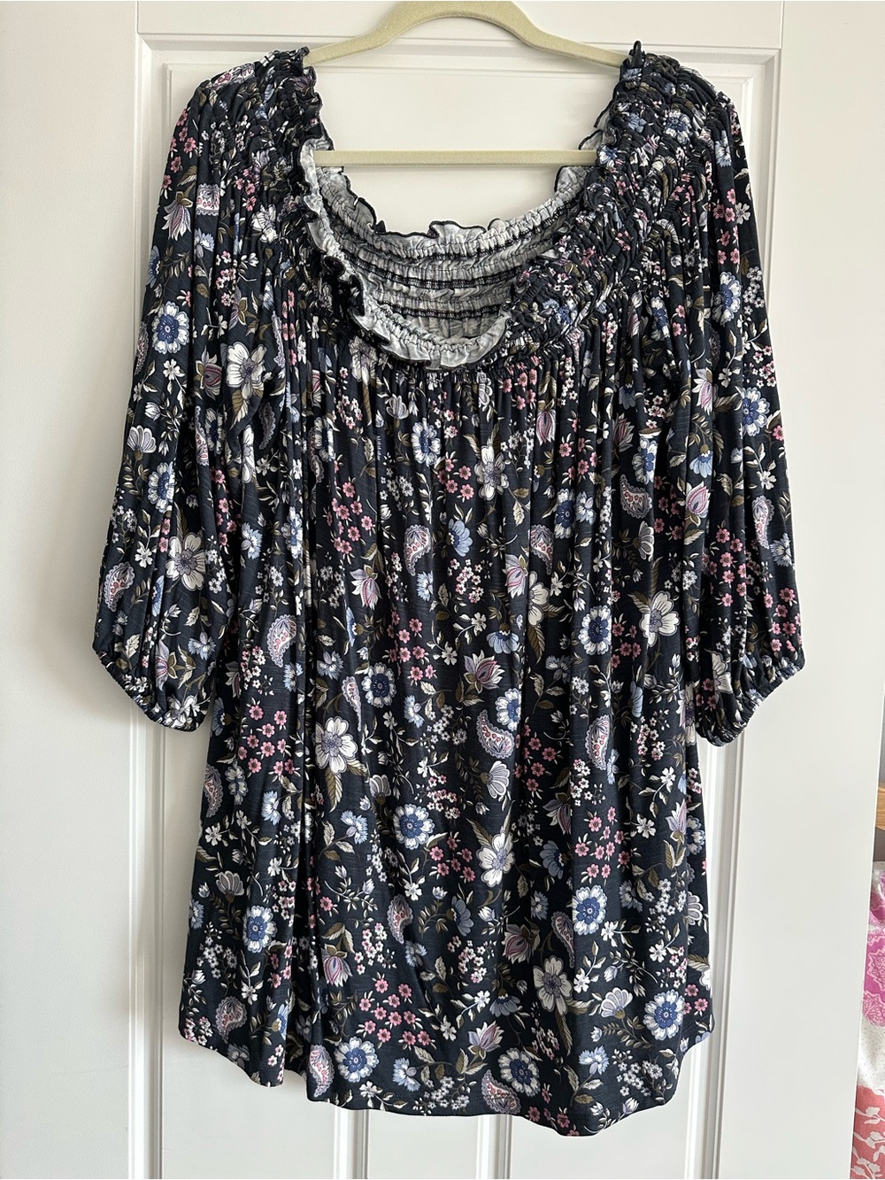 Lane Bryant Black Floral Smocked-off shoulder Tunic